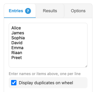 Screenshot showing how to add entries to the wheel - Entries tab with text input and wheel displaying the added names